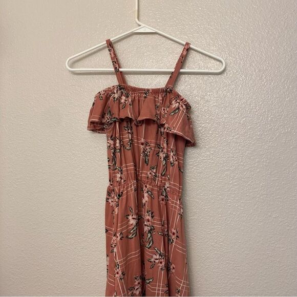 Mauve pink floral ruffle off shoulder hi lo maxi Sundress stretchy girls 10/12 - Picture 2 of 7